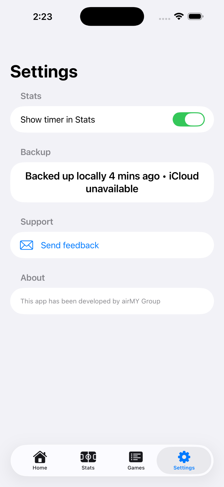 Settings, backups, about
