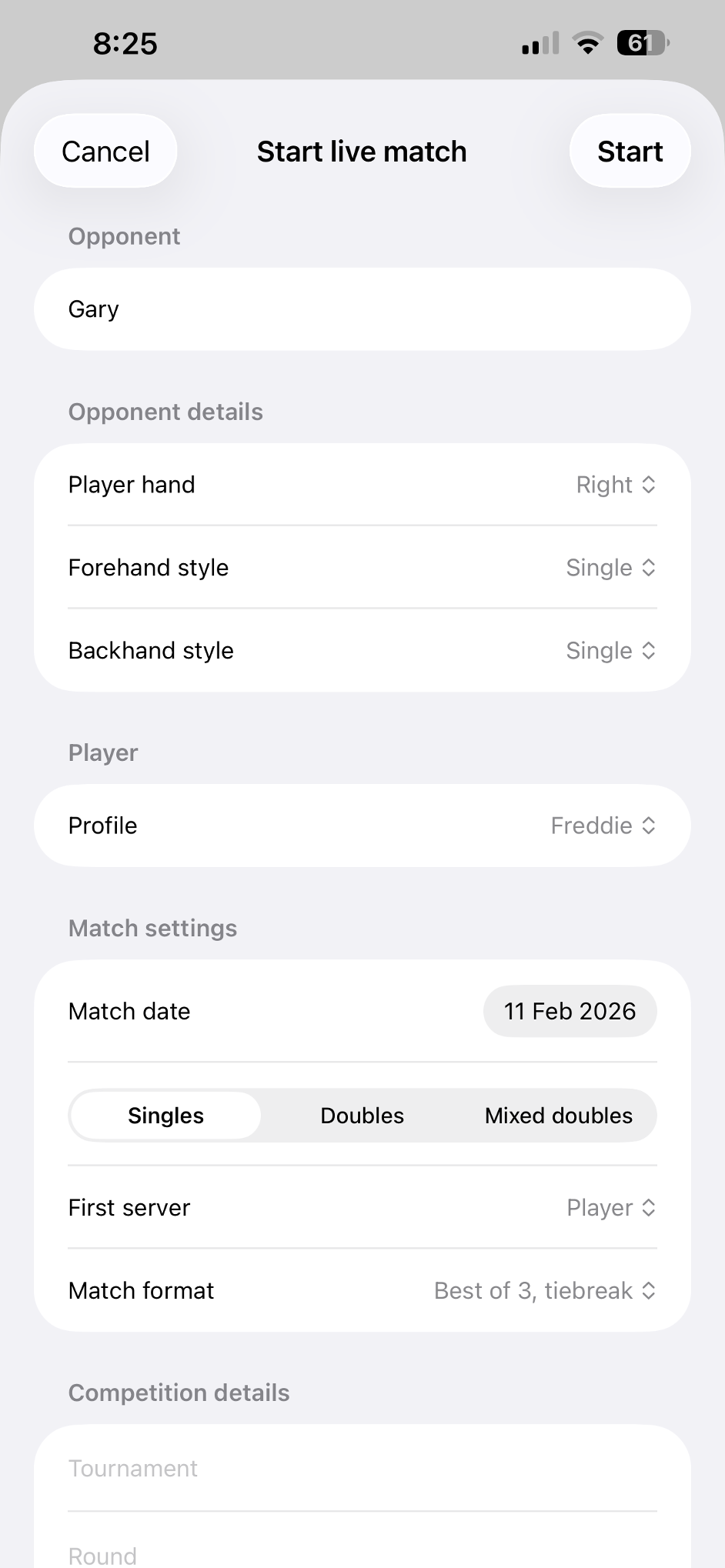 Start live match, match setup