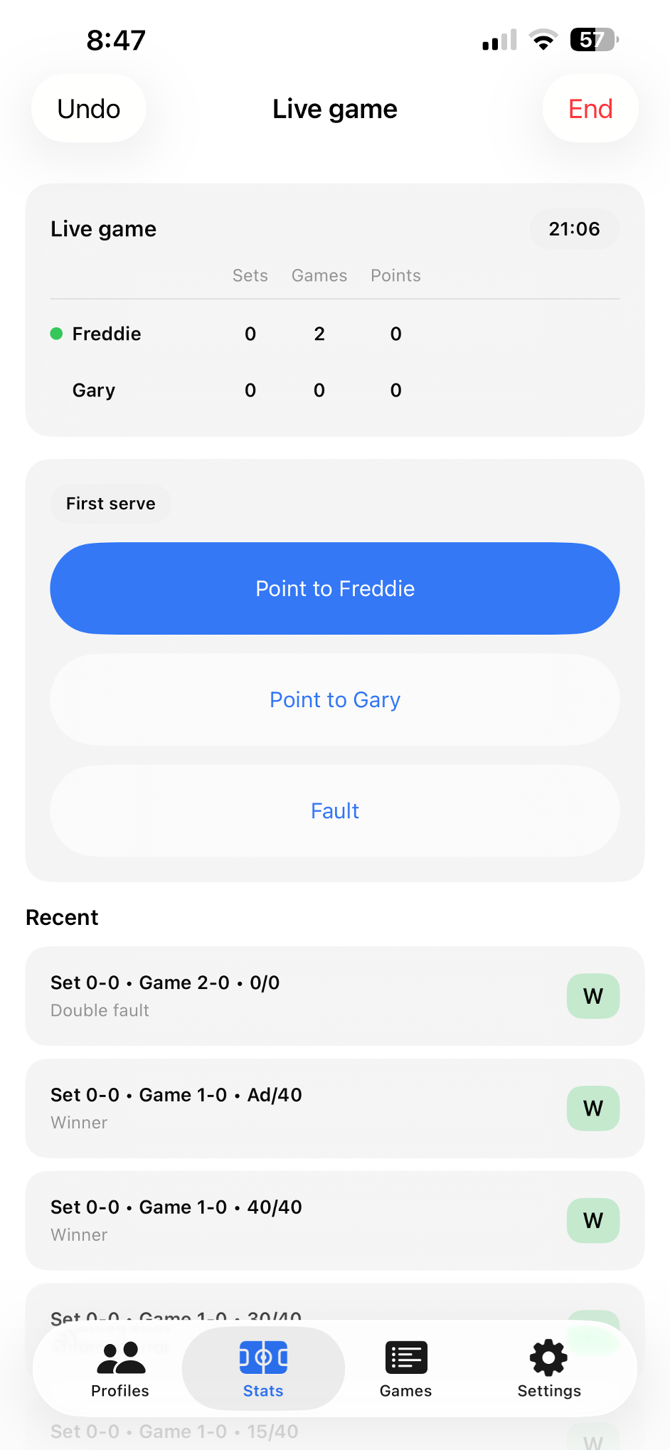 Live game, point tracking