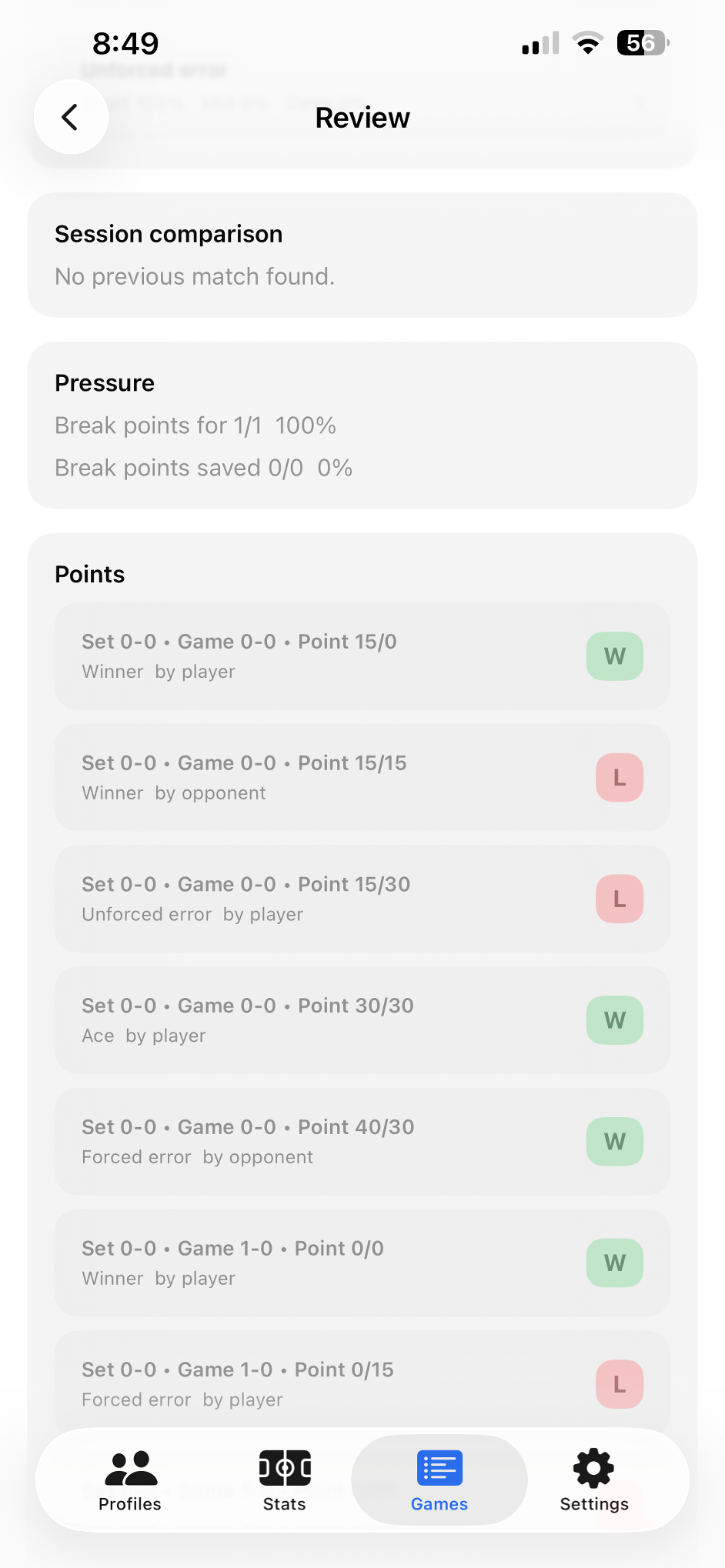Points list, pressure