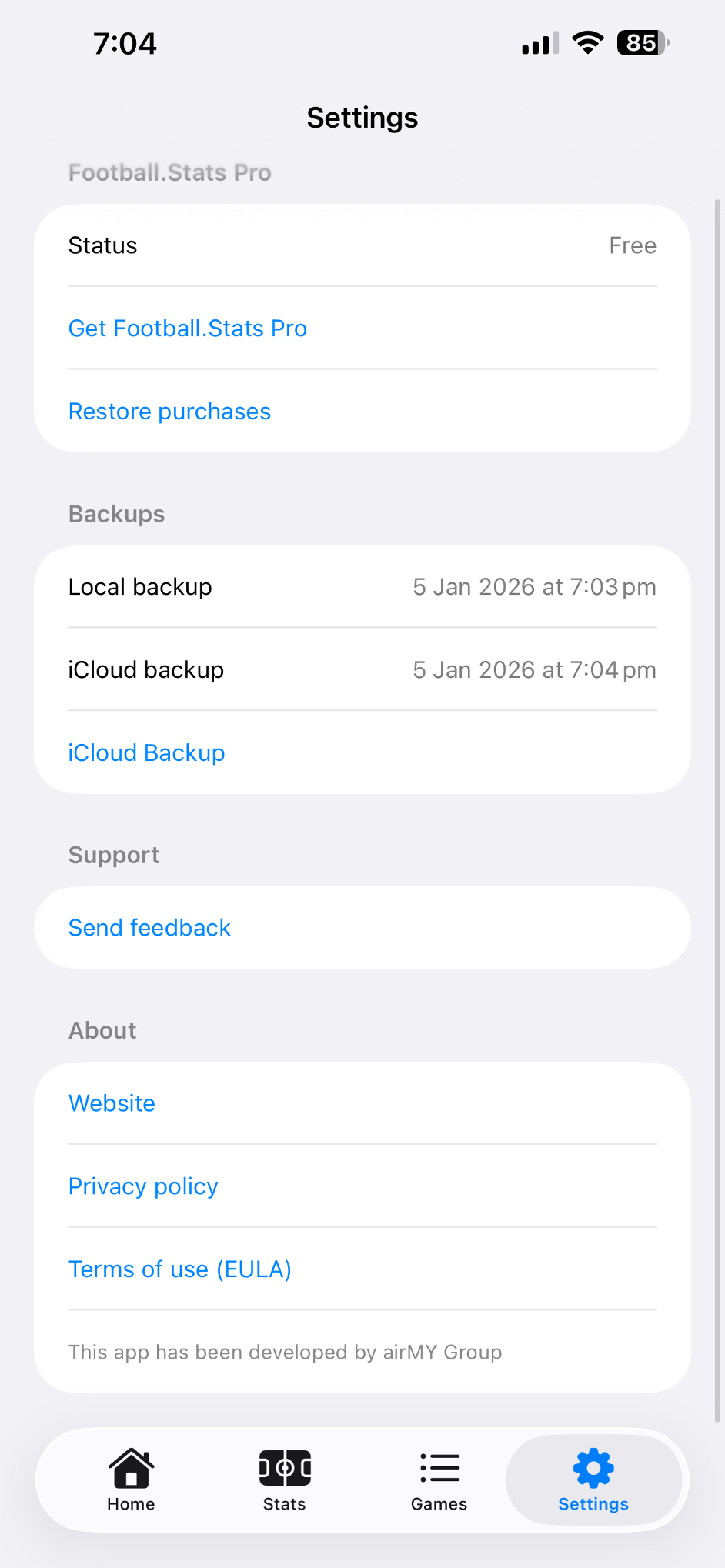 Settings backups and app information